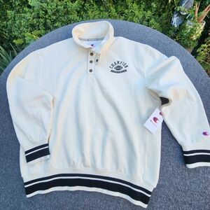 Champion Cream Crewneck Pullover with Black Stripe Accents
